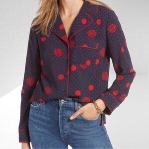 1901 Button Up Long Sleeve Navy Blouse With Red Polka Dots Small NWOT